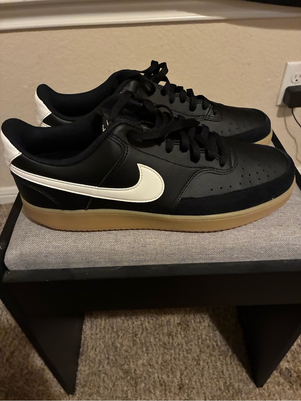 Nike Men’s Black Leather Sneakers with White Swoosh and Gum Sole